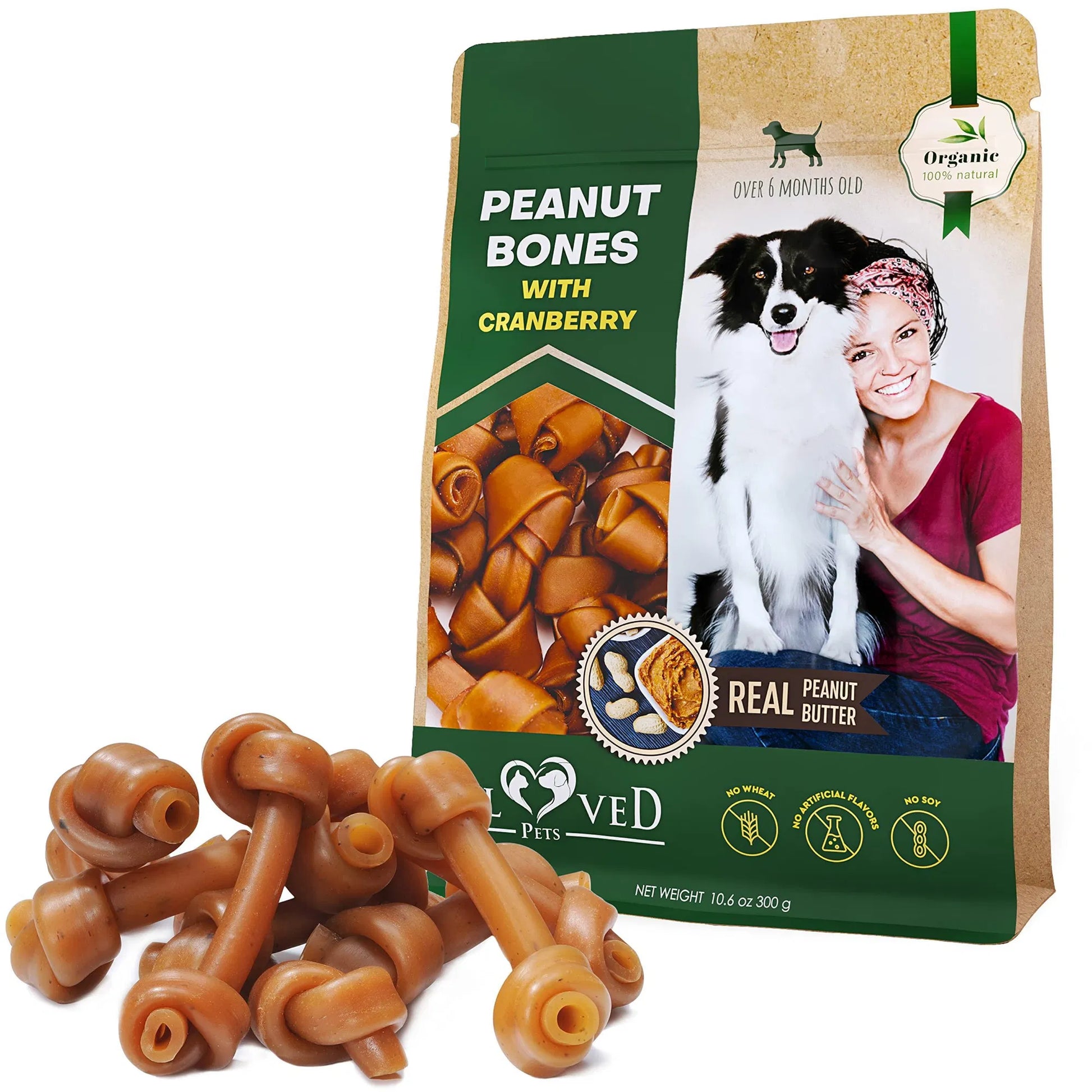 Peanut butter and cranberry rawhide-free chew bones for dogs