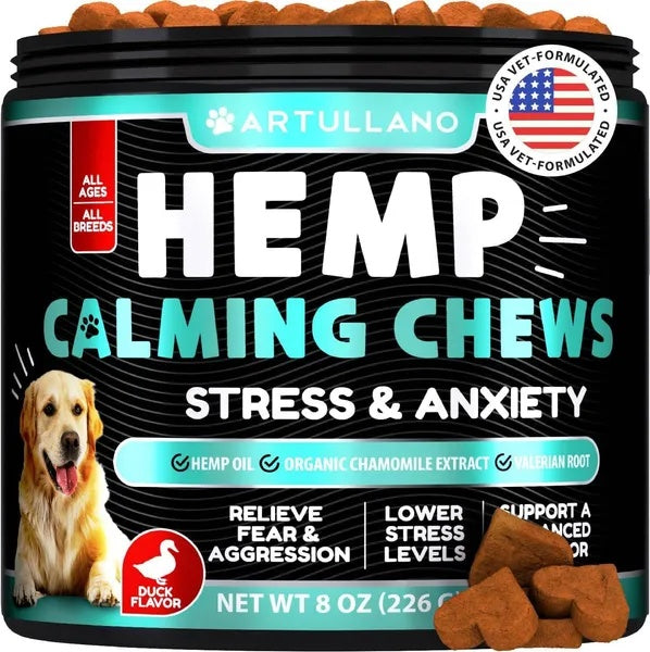 Hemp calming chews for dog anxiety relief with turmeric and valerian