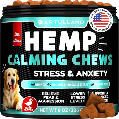 Hemp calming chews for dog anxiety relief with turmeric and valerian