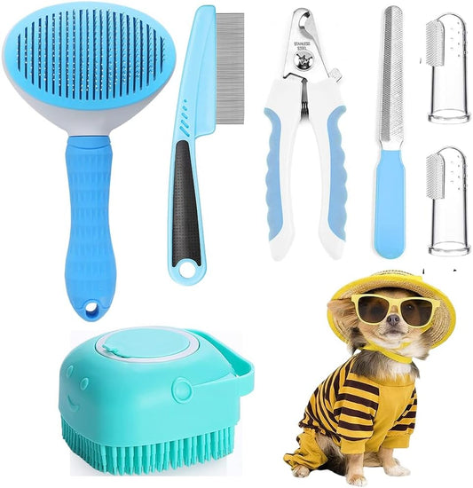 7-piece dog grooming kit — self-cleaning slicker brush, nail clippers, combs and bath brush