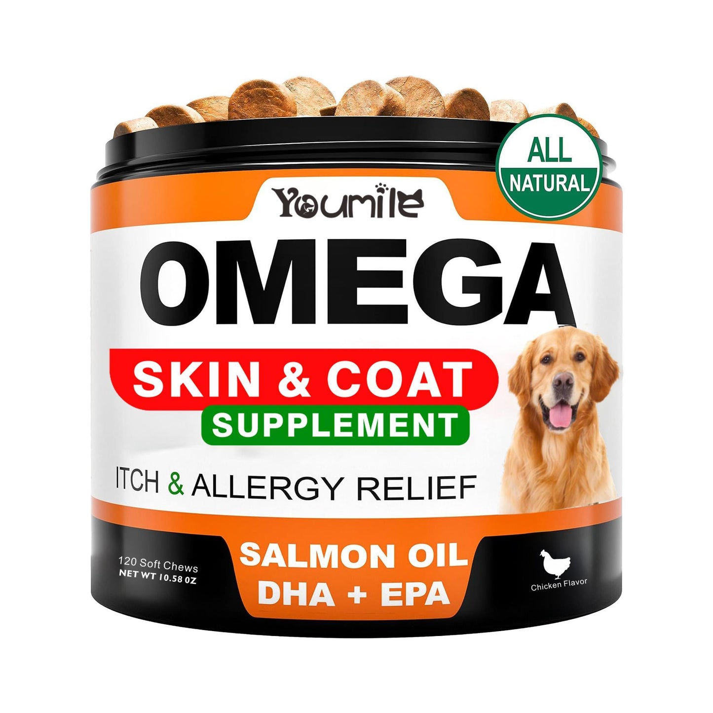 Jar of KQure Omega-3 fish oil chews for dogs with itch relief and skin & coat support