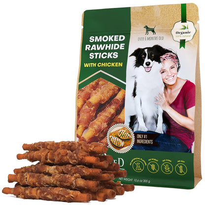 Chicken-wrapped smoked rawhide stick chews for dogs, bulk pack