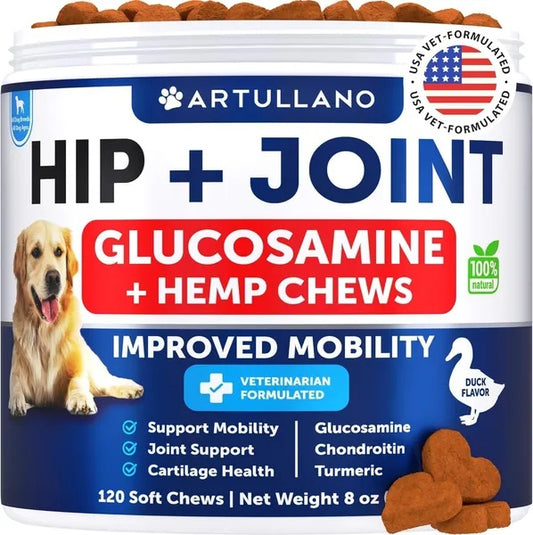 Jar of hemp hip and joint glucosamine chews for dogs